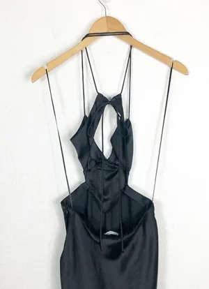 Zara Black Satin Cut Out Slip Maxi Dress Small Tie Back Cocktail Formal Wedding thumbnail 12