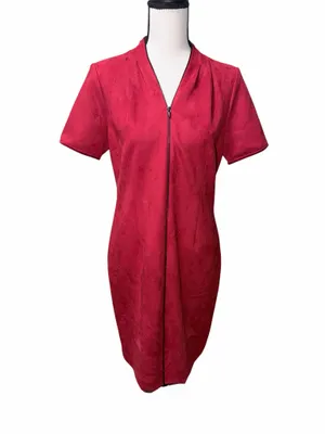 Tahari Madeline Dress Red Solid Sheath V-Neck Short Sleeve Zip Front Knee Length thumbnail 2