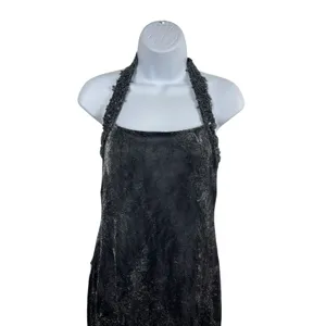 VTG 90s Niki Livas Black Silver Shimmer Halter Beaded Formal Evening Dress 6 Y2K thumbnail 2
