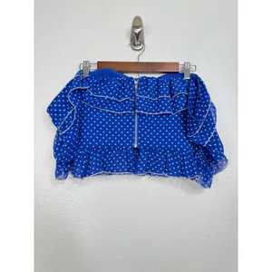Lovers‎ + Friends Blue Polka Dot Ruffle Off The Shoulder Crop Top Small thumbnail 3