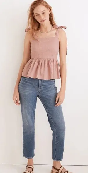 Madewell‎ Tie-Shoulder Peplum Cami Top Pink Clip Dot Smocked Babydoll L thumbnail 1