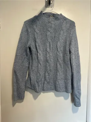 LL Bean blue chunky cable knit Sz:M mock neck wool/angora blend winter sweater. thumbnail 1