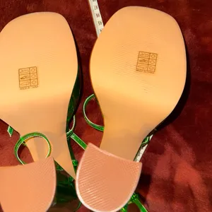 Iridescent Green Strappy Square-Toe Heels by Unnamed Brand thumbnail 3