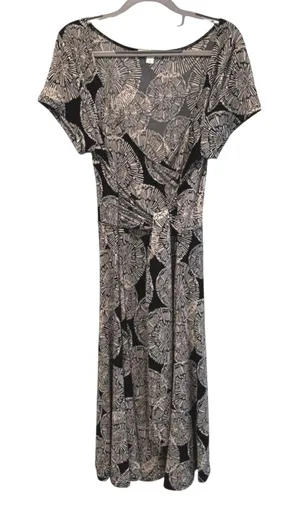 John‎ Paul Richard Faux Wrap Dress Black Cream Abstract Starburst Womens Large thumbnail 1