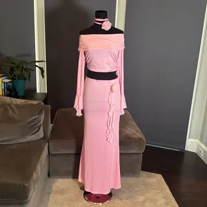 Pink 2 Piece Set Off the Shoulder Long Sleeve Crop Top & Skirt Size L NEW thumbnail 2