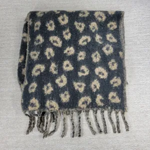 Abercrombie & Fitch Leopard Fringe Scarf Wide Black Tan Two Toned Animal Print thumbnail 9