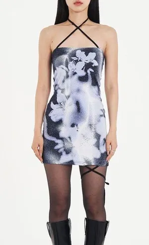 MUSINSA | Blue & White Floral Flower Print Bodycon Halter Dusty Mini Dress thumbnail 1
