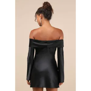 NWT Lulus Luxurious Vision Black Satin Off-the-Shoulder Mini Dress Party Size XL thumbnail 3