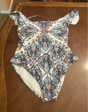 New Becca Floral One Piece Swimsuit Womens 2X Off Shoulder Ruffle Blue White thumbnail 1