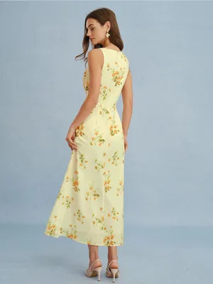 Rihoas Yellow V Neck Floral Chiffon Maxi Dress thumbnail 4