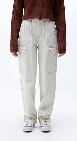 PacSun Cargo Pants‎ Womens M Relaxed Denim Utility Baggy Streetwear Beige White thumbnail 1