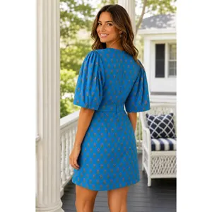 AUREUM Ruched Sash Blue Floral Mini Dress Puff Sleeves Ruching Ruffle Small thumbnail 7