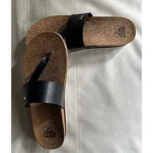REEF Cushion Sol Hi Platform Flip Flop Sandals Black Tan Womens 9 Cork Wedge EUC thumbnail 6