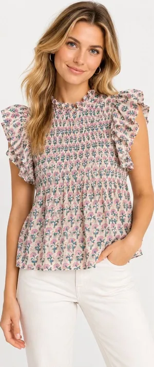 Oliphant Floral Smocked Ruffle Blouse Pink Teal Cottagecore Boho Top | S thumbnail 1
