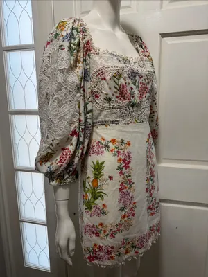 Farm Rio Delicate Forest Scarves Bonded Lace Linen-Blend Mini Dress Size Small thumbnail 9