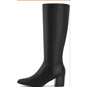 NEW Vegan Leather pointed Toe Mid Chunky heel zipper Knee High Boots 8 thumbnail 4