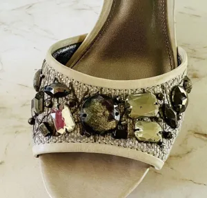 COACH Hanson Tan Gray Jeweled Rhinestone Platform Wedge Heel Sandals - US 8 thumbnail 4