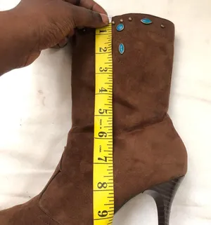 Western boho country chic Brown man-made suede ankle mid-calf boots turquoise stones cowboy/cowgirl approx 3” stiletto heels pointed toe thumbnail 3