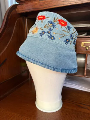 Vintage 90s Blue Denim Cotton Floral Embroidered Bucket Hat Boho Cottage thumbnail 3