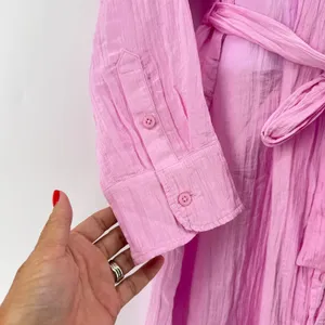 J.Crew Crinkle Belted Button-Up Maxi‎ Shirt Dress S Pink Long Sleeve Side Slit thumbnail 3