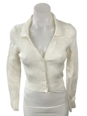Emory Park Women's Cream Ivory Ribbed Knit Cropped Button Up Cardigan Top Size M thumbnail 1