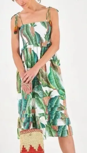 NWT Farm Rio x Alberto Pitta Midi Forest Palm Print Smocked Dress Green S thumbnail 1