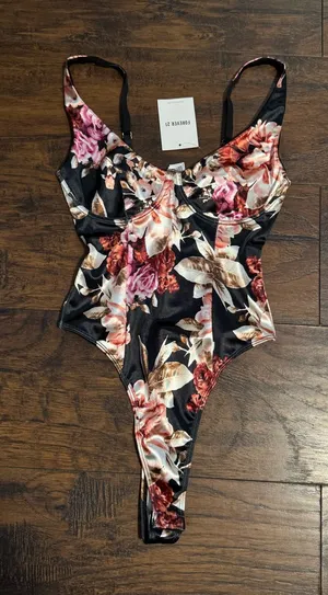 Forever 21 Black Satin Floral Bodysuit thumbnail 1
