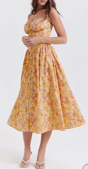 NEW House Of CB Tatiana Butter Yellow Floral Print Midi Sundress Sz XL L+ thumbnail 1