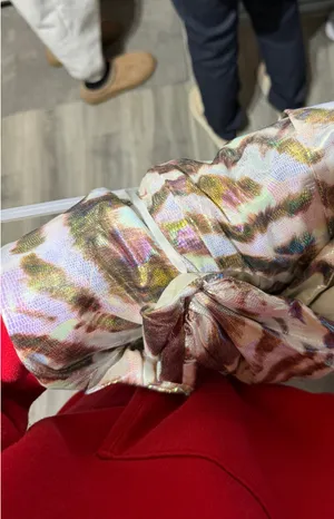 Strapless prom dress with slit, holographic white and gold animal print thumbnail 3