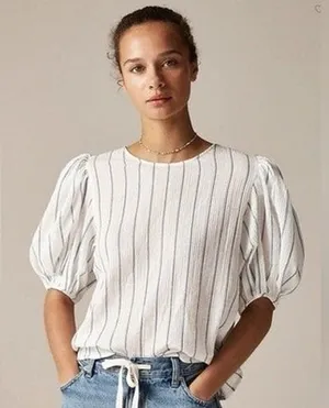J. Crew NWT Women's Puff‎ Sleeve Top in Sheer Gauze White Striped Size XS thumbnail 1
