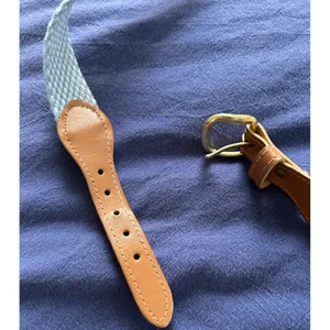 Woven Braided Fabric Belt Light Blue White Gold Buckle Faux Leather Trim 35 Inch thumbnail 3