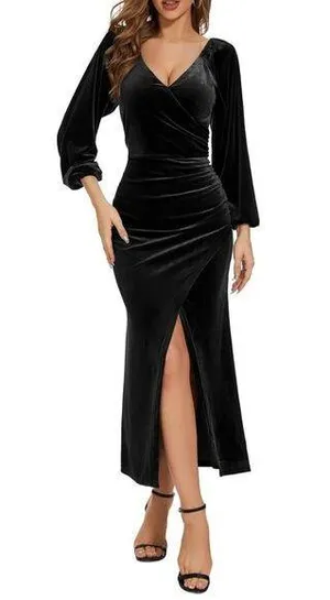 NEW Long Sleeve Ruched Velvet Wrap Cocktail Maxi Dress XL 12/14 thumbnail 1