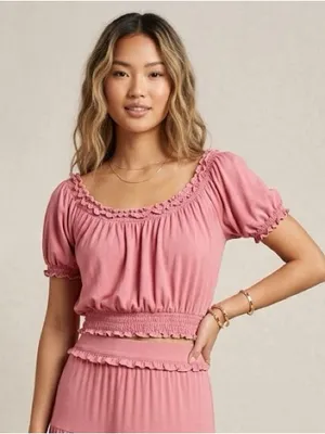 Reformation Pink Smocked Edge Short Sleeve Top thumbnail 1