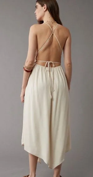 American Eagle Halter Open Back Handkerchief Hem Midi Dress Cream NWT thumbnail 2