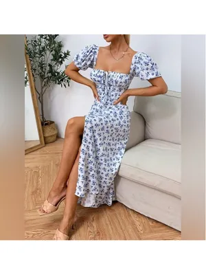 NEW Puff Sleeve Floral Split Maxi Flowy A Line Beach Dress L $59 thumbnail 6