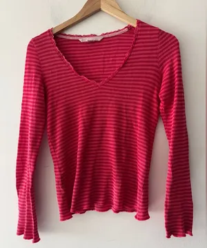 Victoria’s‎ Secret Rare Y2K Pink Stripe Waffle Knit V Neck Long Sleeve Top Lace thumbnail 1