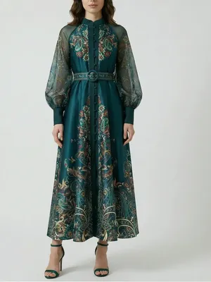 NWT DALIA MACPHEE Long Sleeve Mock Neck Printed Maxi Dress Small Belted Green thumbnail 2