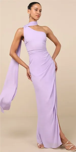 LULU’S Adeline Lavender One-Shoulder Scarf Maxi Dress thumbnail 1