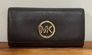 Michael Kors Fulton Carryall Wallet Brown Pebbled Leather "MK" Logo Medallion thumbnail 1