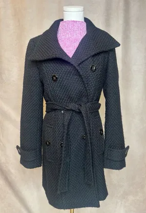 Calvin Klein Belted Textured Peacoat Jacket XS Black Double Breasted thumbnail 1