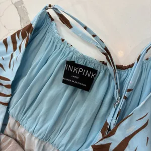 MINKPINK Dress Size Large Midi Tropical Spaghetti Strap Blue Brown thumbnail 3