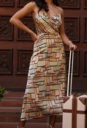 12th Tribe Geometric Block Print Maxi Dress in Beige, Mint & Terracotta Size L thumbnail 1