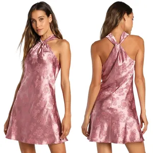 Lulus Got the Key Mauve Satin Floral Jacquard Halter Mini Dress CJD109045 S thumbnail 2