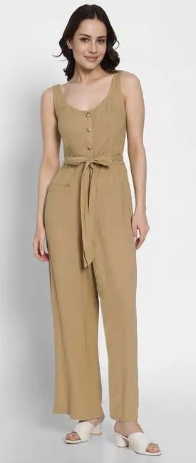 American Eagle Linen Blend Button Up Tan Jumpsuit thumbnail 1
