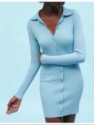 NWT Zara | Light Blue Ribbed Knit Polo Dress, Medium thumbnail 1