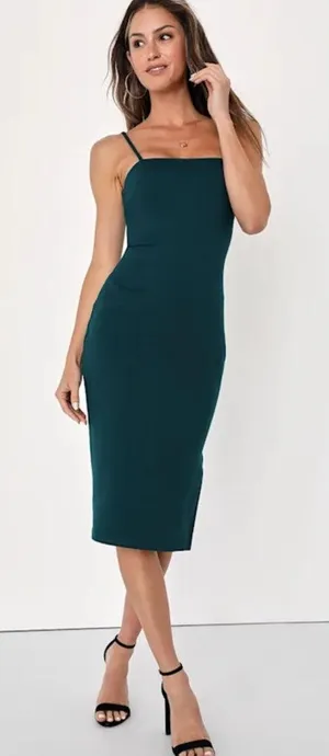 Lulus Paulina Forest Green Bodycon Midi Dress New with Tag W1942 Sz M thumbnail 1