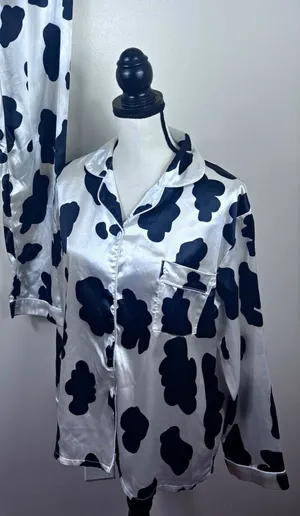 Satin Cow Animal Print 2-Piece Pajama Set Button Front Collared Black/White thumbnail 1