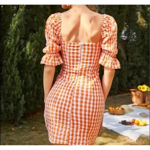 Orange Gingham Puff Sleeve Bustier Bodycon Mini Dress Sweetheart Neck Large thumbnail 2