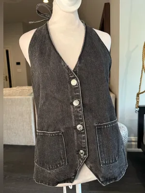 White Fox Boutique Black Denim Halter Vest with Buttons thumbnail 1
