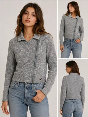 Hollister Women’s Small Gray Asymmetrical Zip Rabbit Hair Knit Cardigan Y2K thumbnail 2